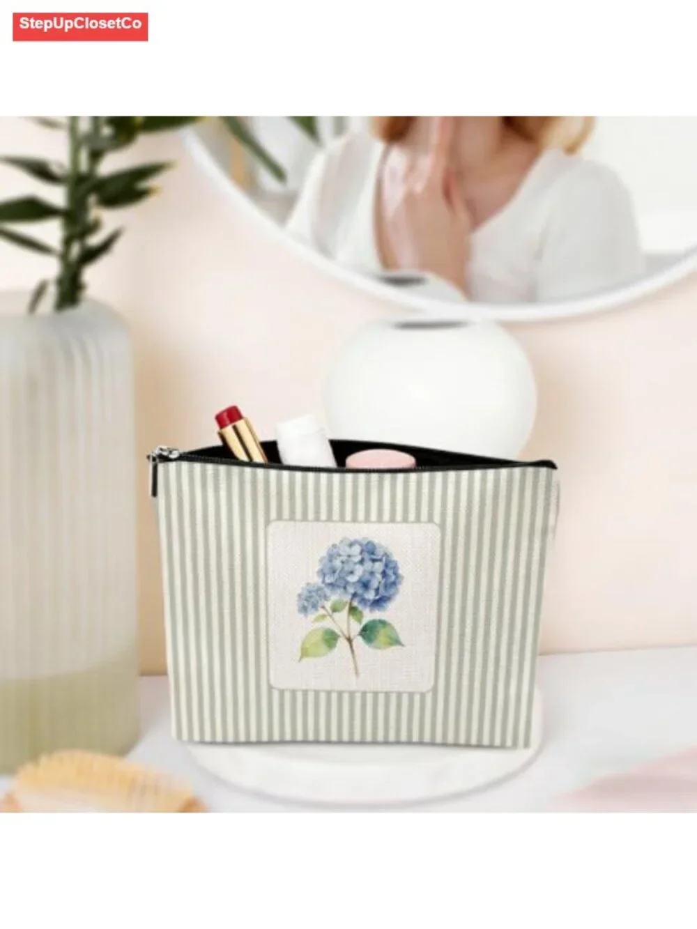 Canvas Floral Striped Makeup Bag Travel Organizer Pouch Toiletry Case